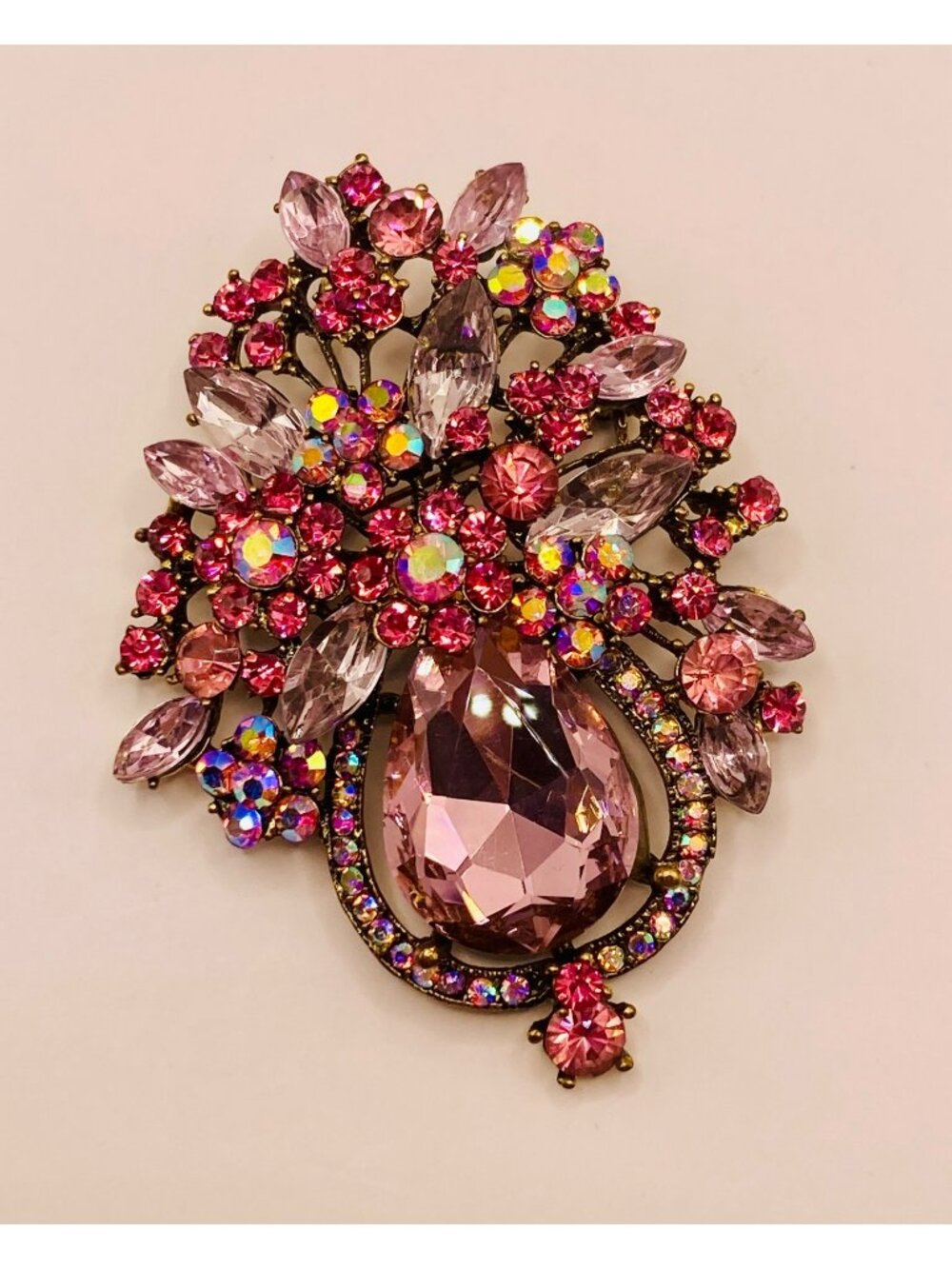 Vintage Style Pink Rhinestone Floral Brooch Pin Aurora Borealis Accents -19B